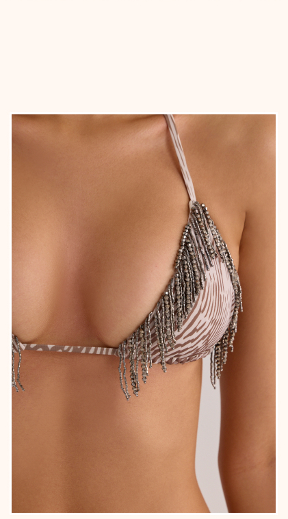 Bali Animal Print Fringed Embellished Triangle Tie Up Bikini Top